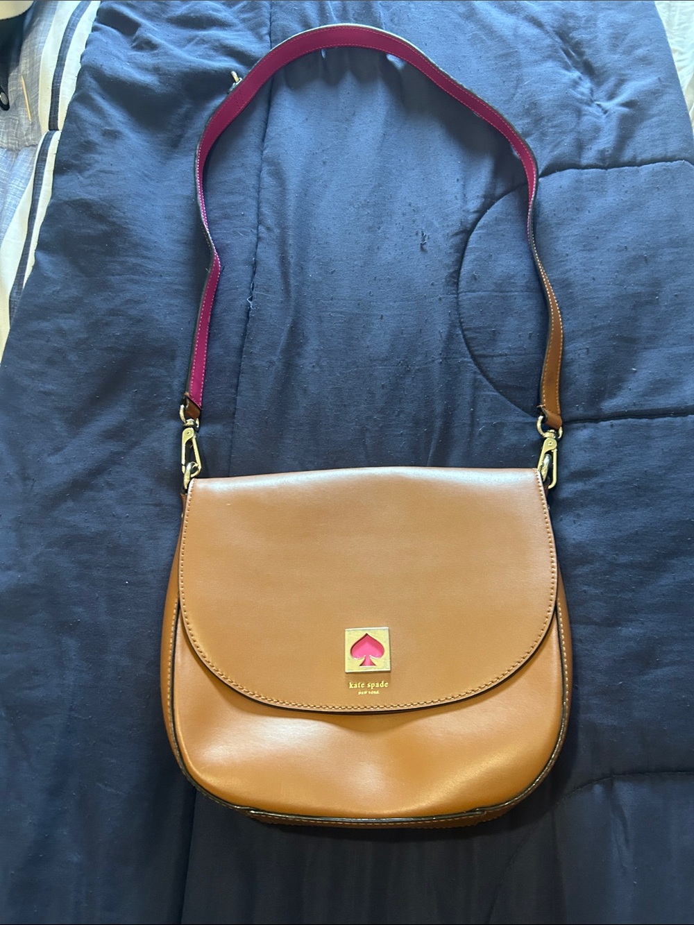 kate spade Tan Leather Crossbody with Pink Strap